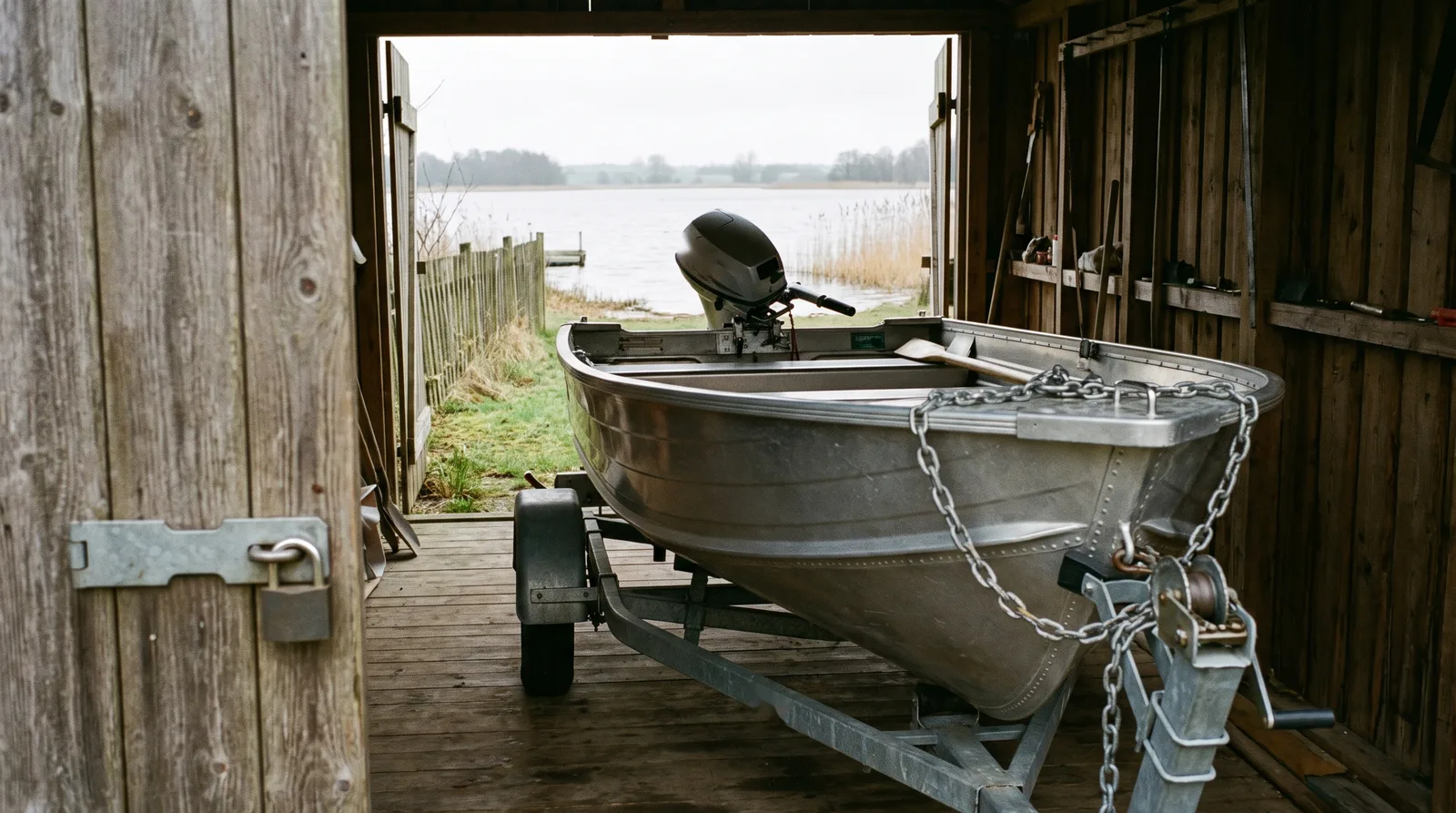 Gepflegtes Aluminiumboot auf dem Trailer in einer hölzernen Bootshütte am See, vorn ein Überwurf mit Vorhangschloss
