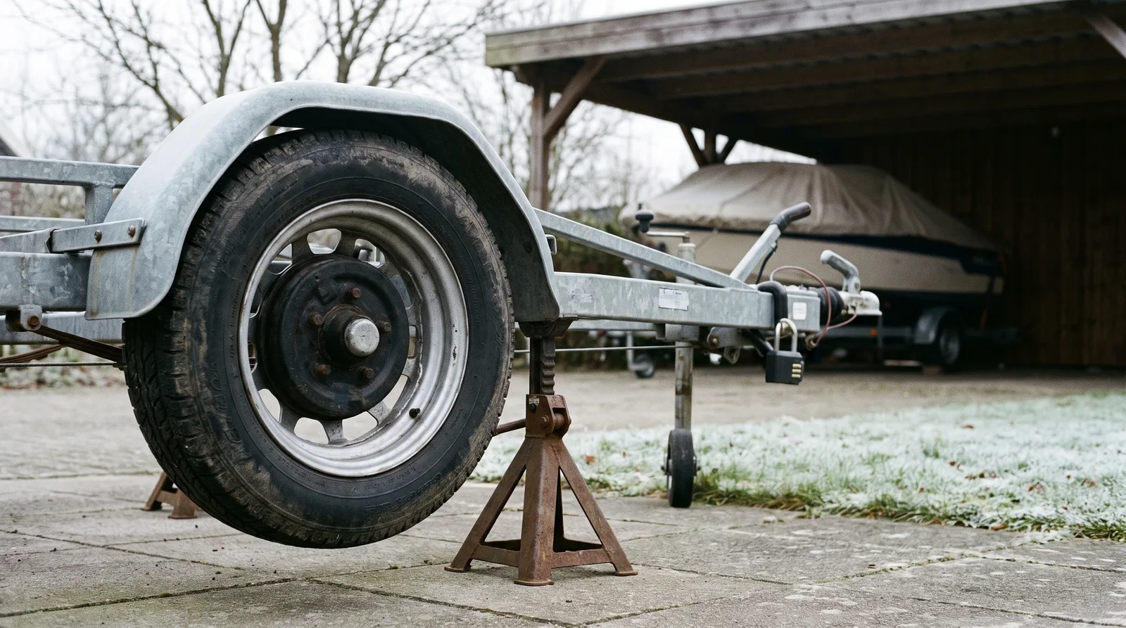 Verzinkter Bootstrailer im Winter vor einem Carport auf Böcke gestellt, das Rad hängt frei, Kupplungsschloss, Raureif auf der Wiese