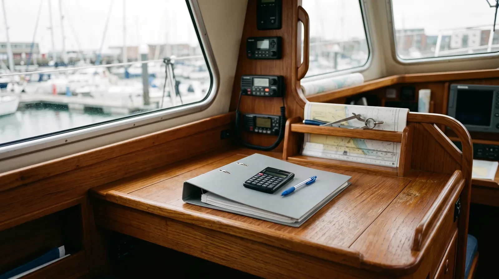Ein grauer Ordner mit Taschenrechner und Kugelschreiber auf dem Kartentisch einer Segelyacht, draußen der Hafen