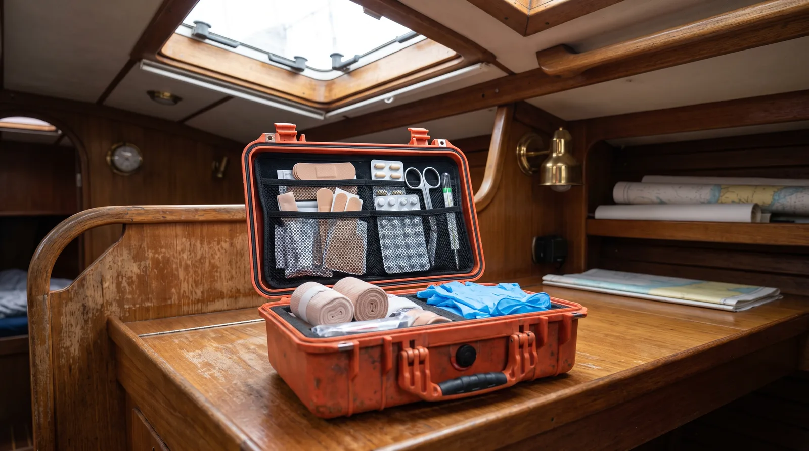 Aufgeklappter Erste-Hilfe-Koffer mit Binden und Kompressen auf dem Navigationstisch einer Yacht