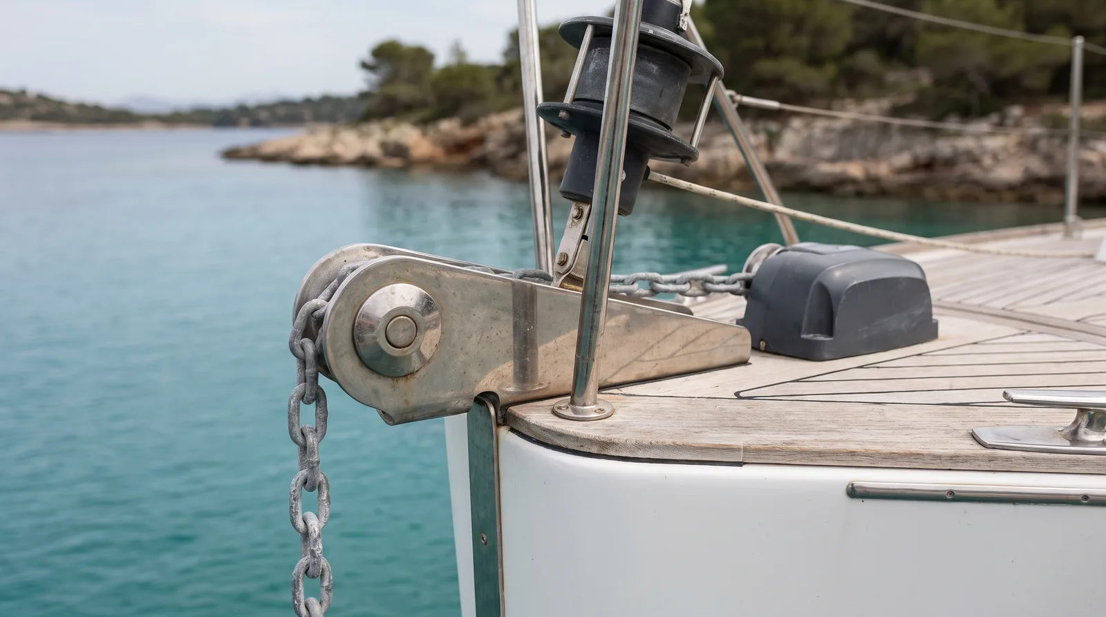 Bug einer Segelyacht mit leerer Ankerrolle und elektrischer Ankerwinde vor einer türkisfarbenen Bucht