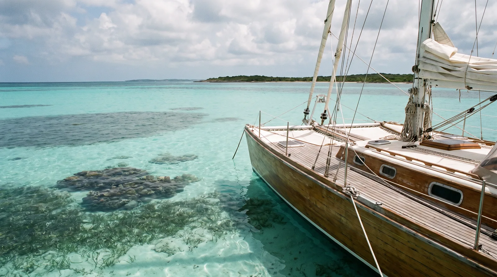 Segelyacht vor Anker über hellem Sand und dunklen Riffen im türkisfarbenen Wasser
