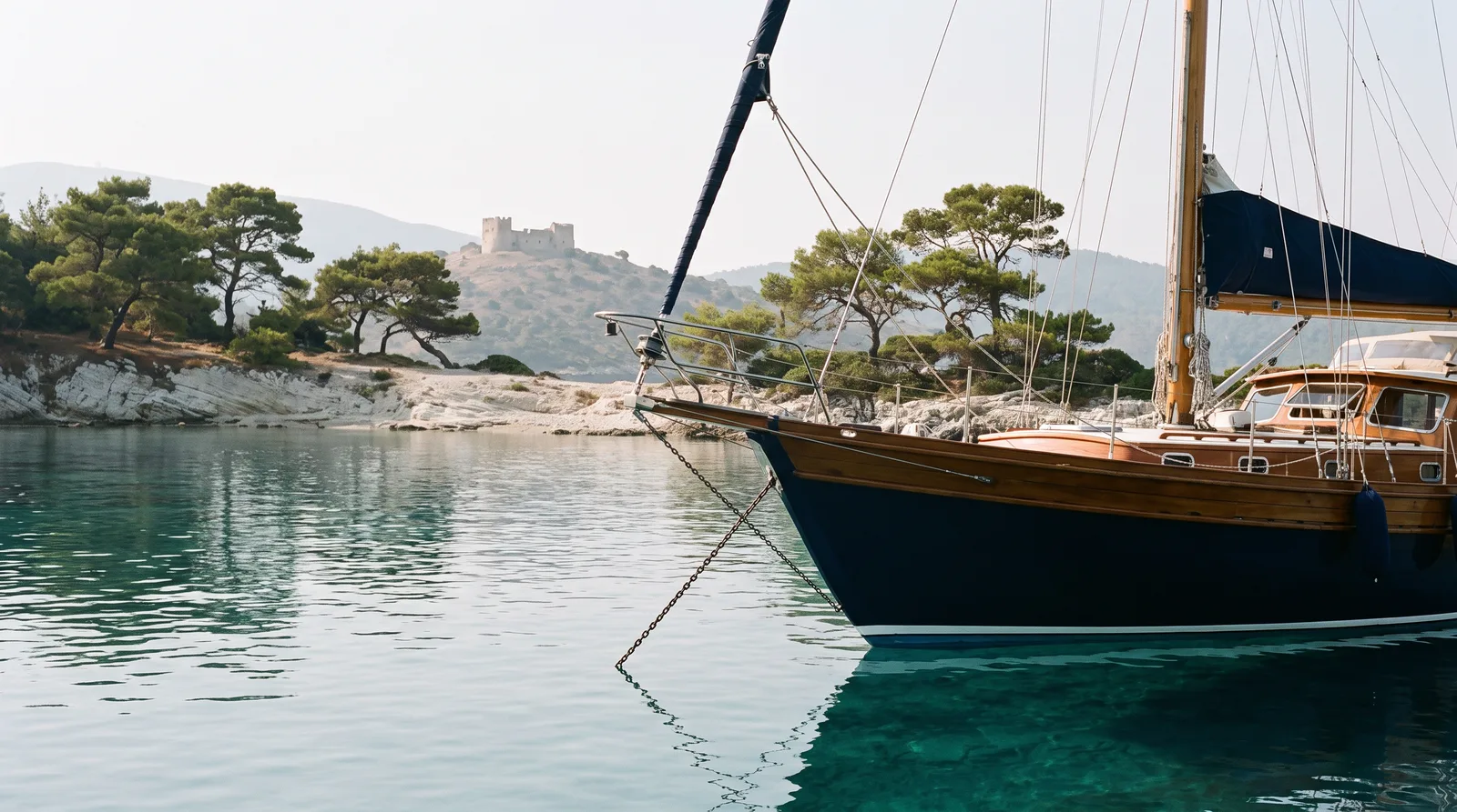Segelyacht vor Anker in einer ruhigen Bucht mit Kiefern und einer alten Festung auf dem Hügel