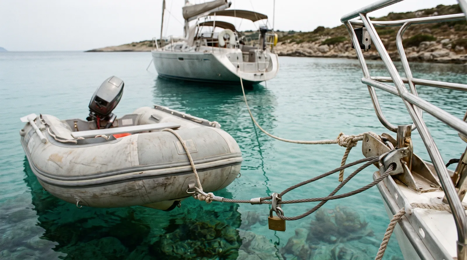 Ein graues Schlauchboot mit Außenborder, mit Leine und Stahlseil samt Vorhängeschloss am Heck einer Yacht in einer felsigen Bucht gesichert