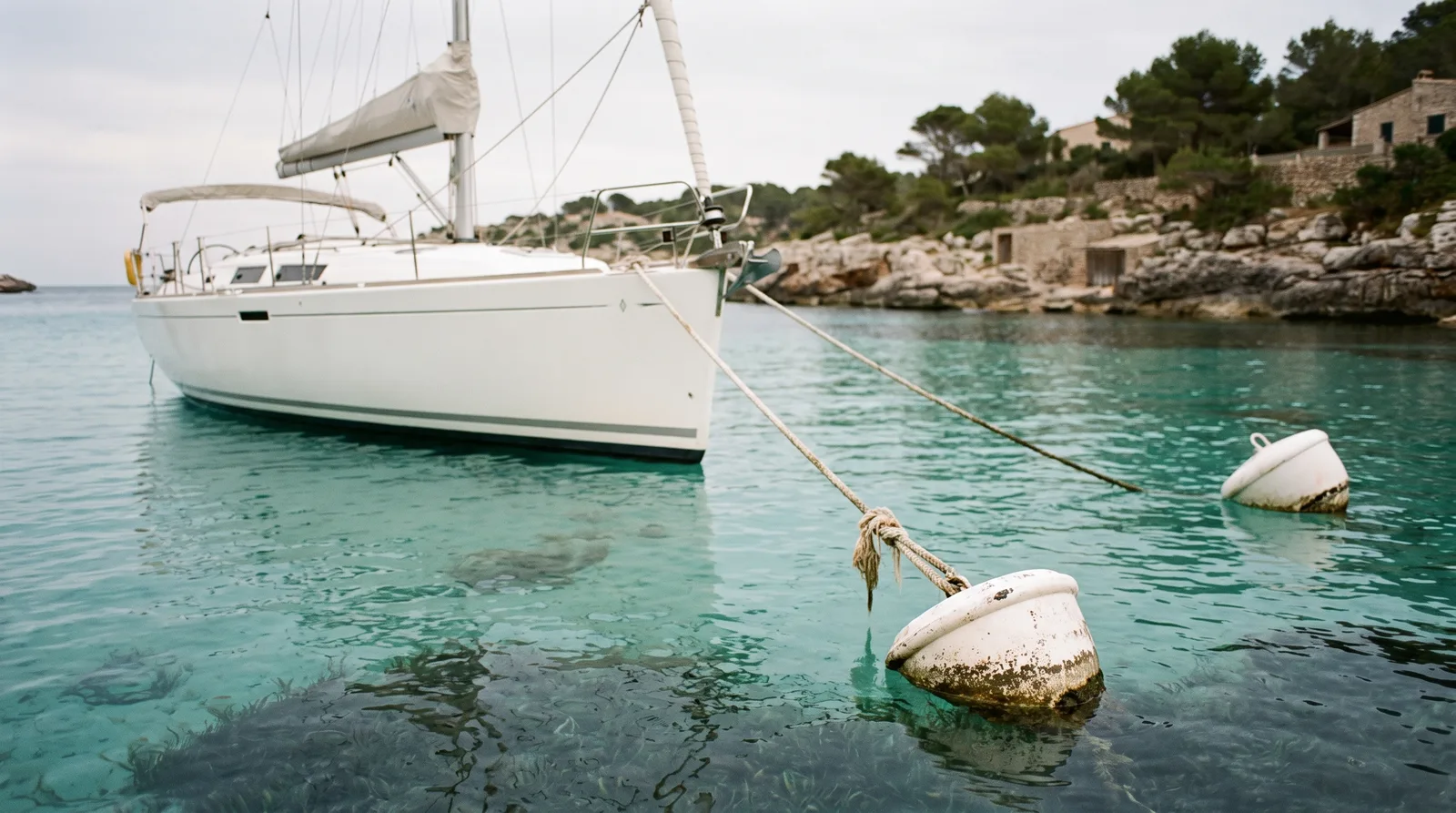 Segelyacht an einer weißen Muringboje in einer türkisen Bucht mit Sand und dunklen Seegrasflecken, dahinter felsige Küste
