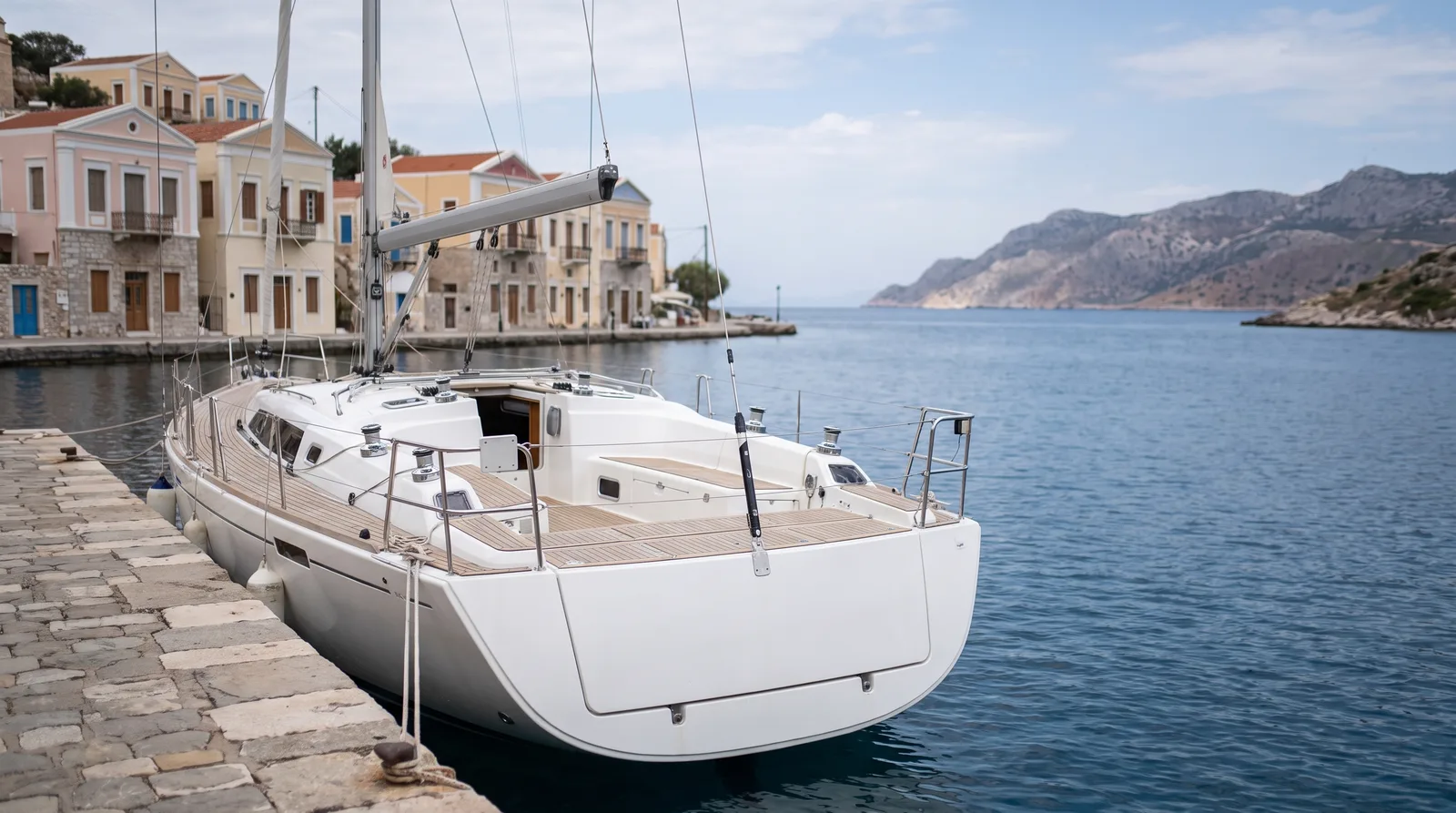 Gepflegte Segelyacht am Steinkai eines kleinen griechischen Inselhafens mit pastellfarbenen Häusern, gegenüber eine bergige Küste