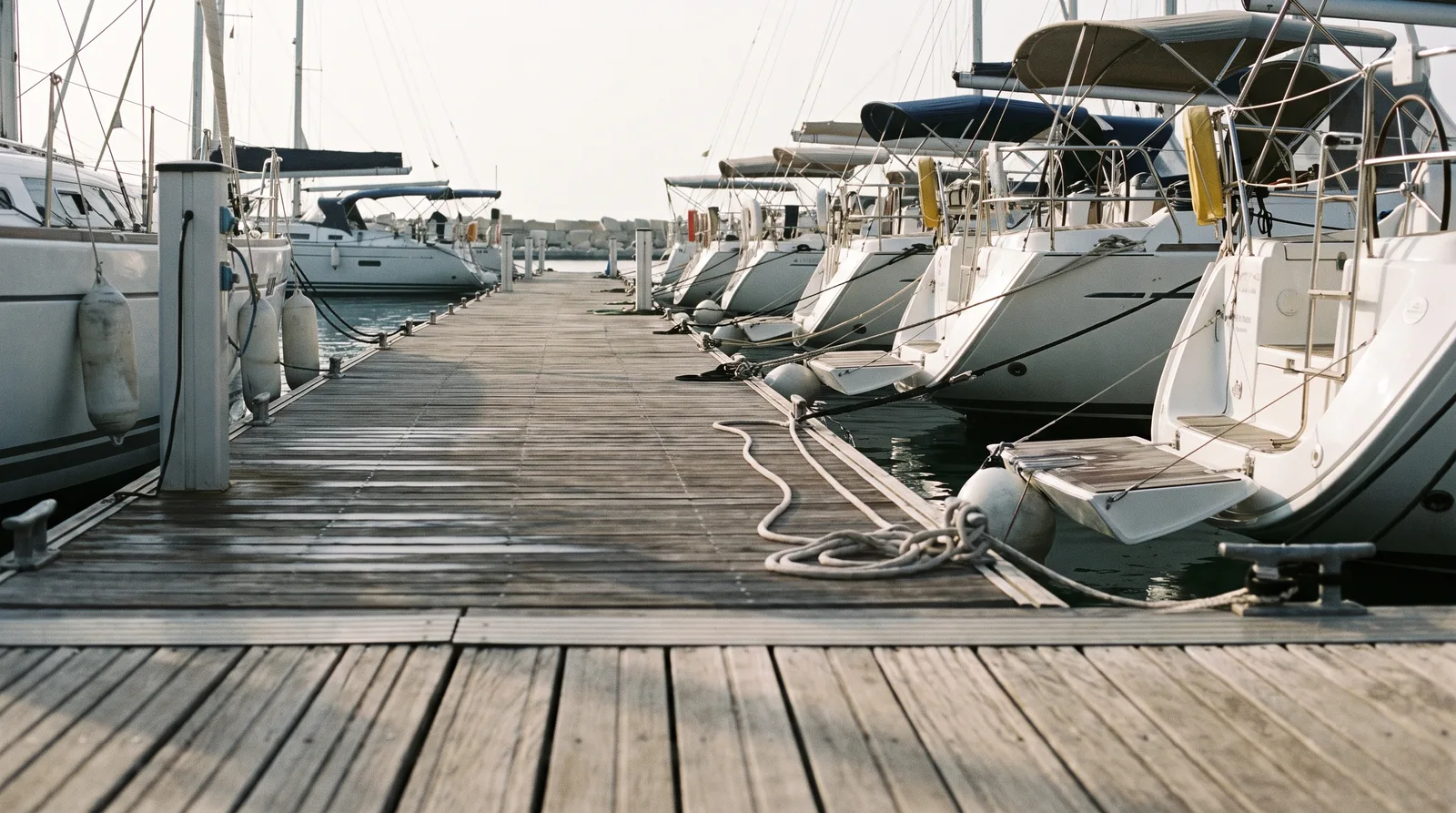 Charteryachten mit dem Heck an einem Holzsteg einer Mittelmeermarina, auf den Planken ein aufgeschossener Festmacher