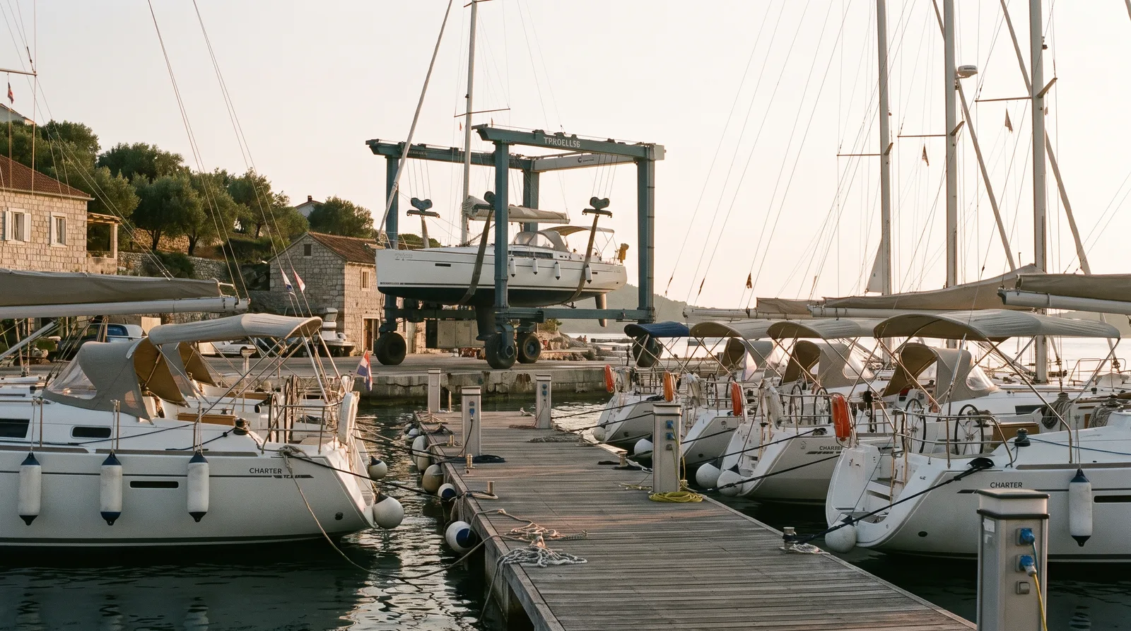 Charteryachten am Steg einer Basis, dahinter hängt eine Yacht zur Reparatur im Travellift
