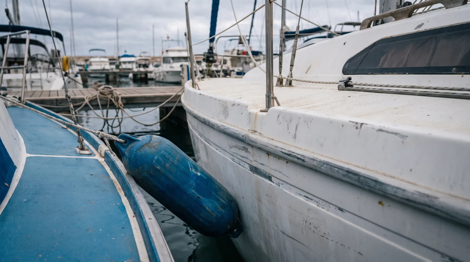Ein blauer Fender klemmt zwischen zwei Yachten im Hafen, am weißen Rumpf des Nachbarboots Schrammen im Gelcoat