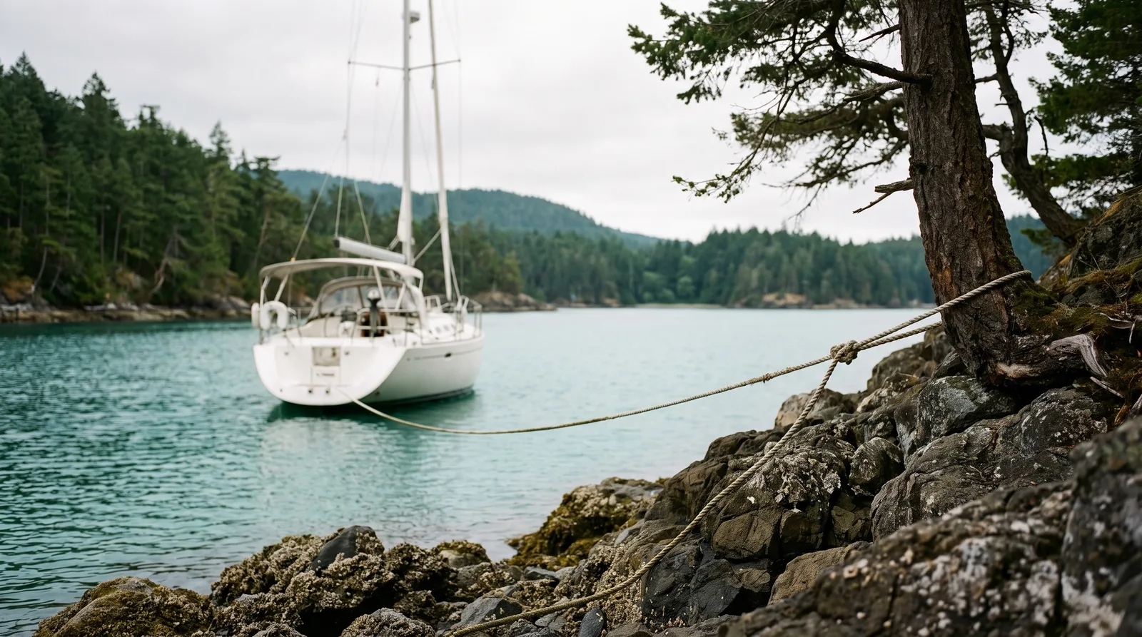 Segelyacht mit Landleine zu einer Kiefer in einer stillen, bewaldeten Bucht