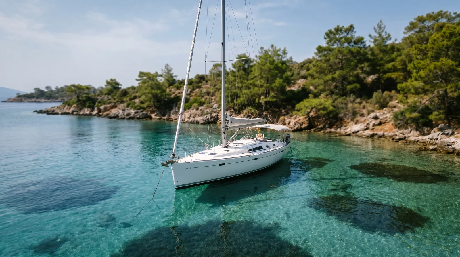 Weiße Segelyacht vor Anker in einer stillen türkisfarbenen Bucht mit Kiefernwald, am Grund helle Sandflecken und dunkle Seegraswiesen