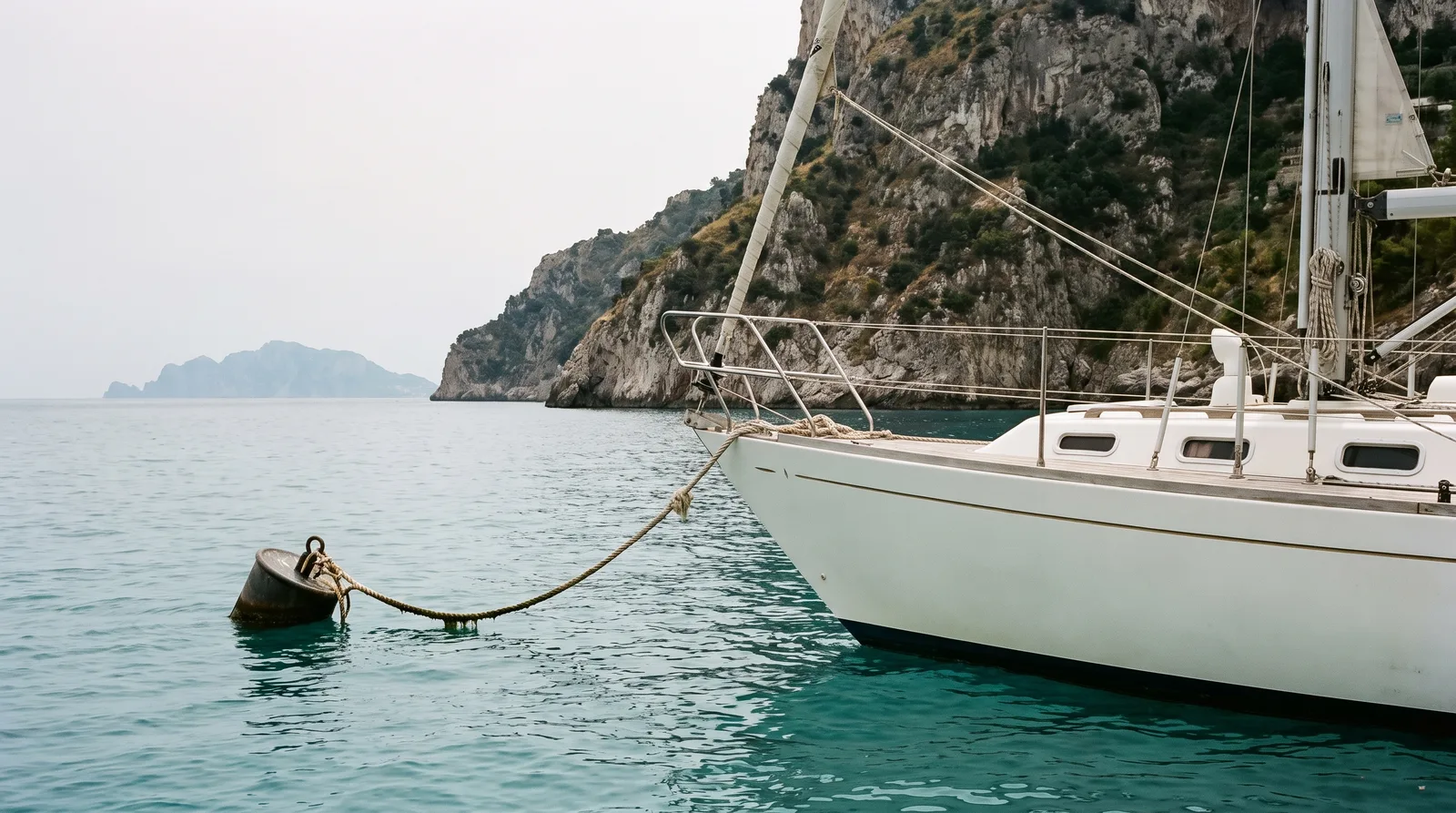 Segelyacht an einer Boje vor den Felsen der Halbinsel von Sorrent, dahinter Capri im Dunst