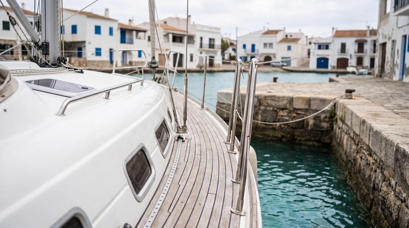 Seitendeck einer weißen Charteryacht an einer Steinmole in einem kleinen griechischen Hafen