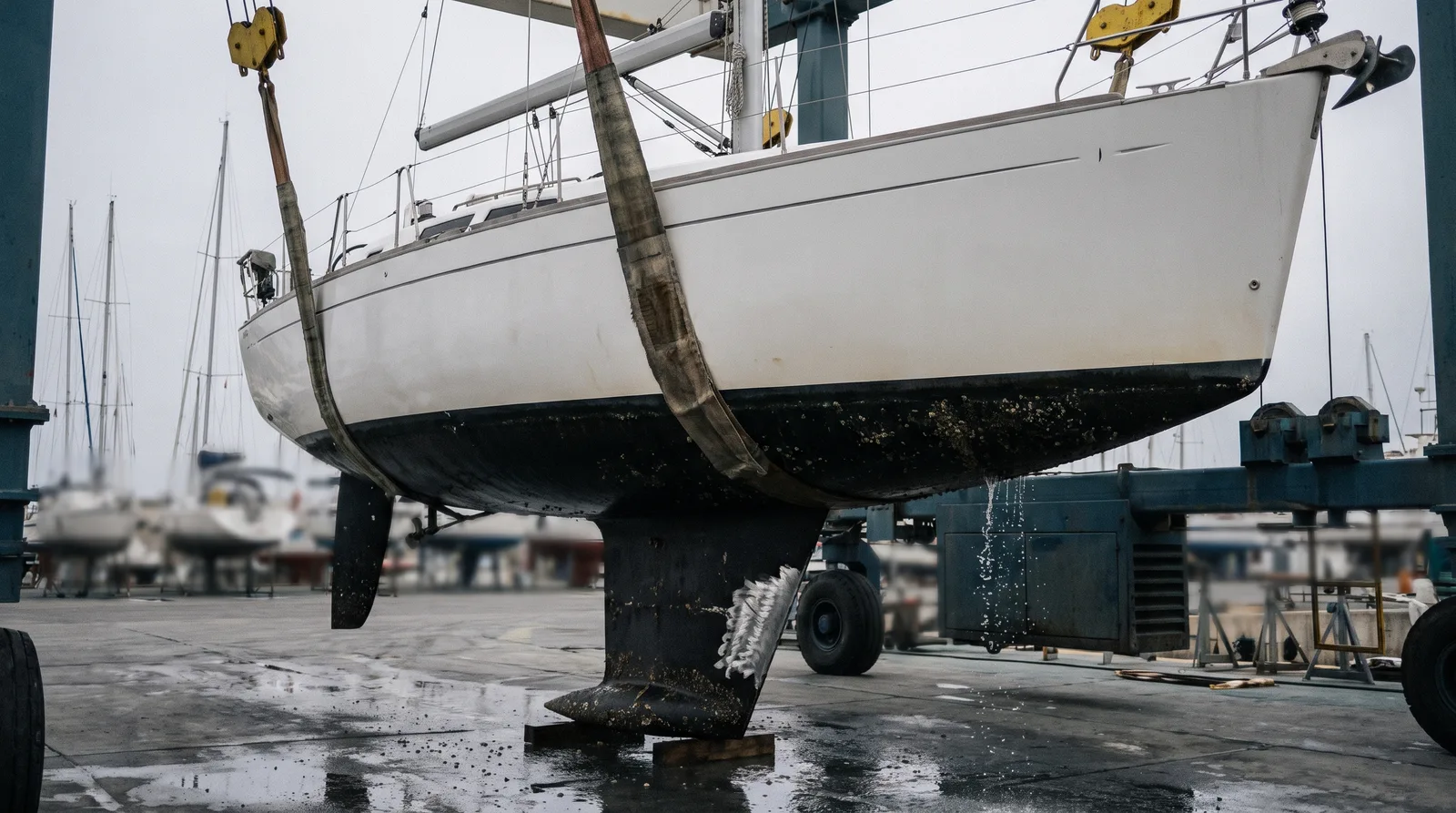 Eine weiße Segelyacht hängt in den Gurten eines Bootskrans, am Kiel frische Schrammen, Wasser tropft auf den Betonboden