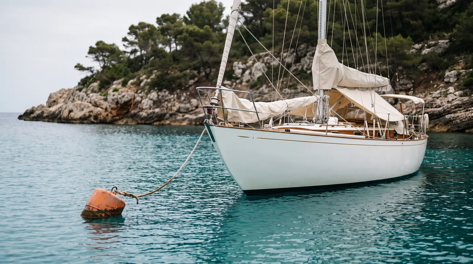 Segelyacht an einer Boje in einer klaren Bucht vor felsigem Ufer mit Kiefern