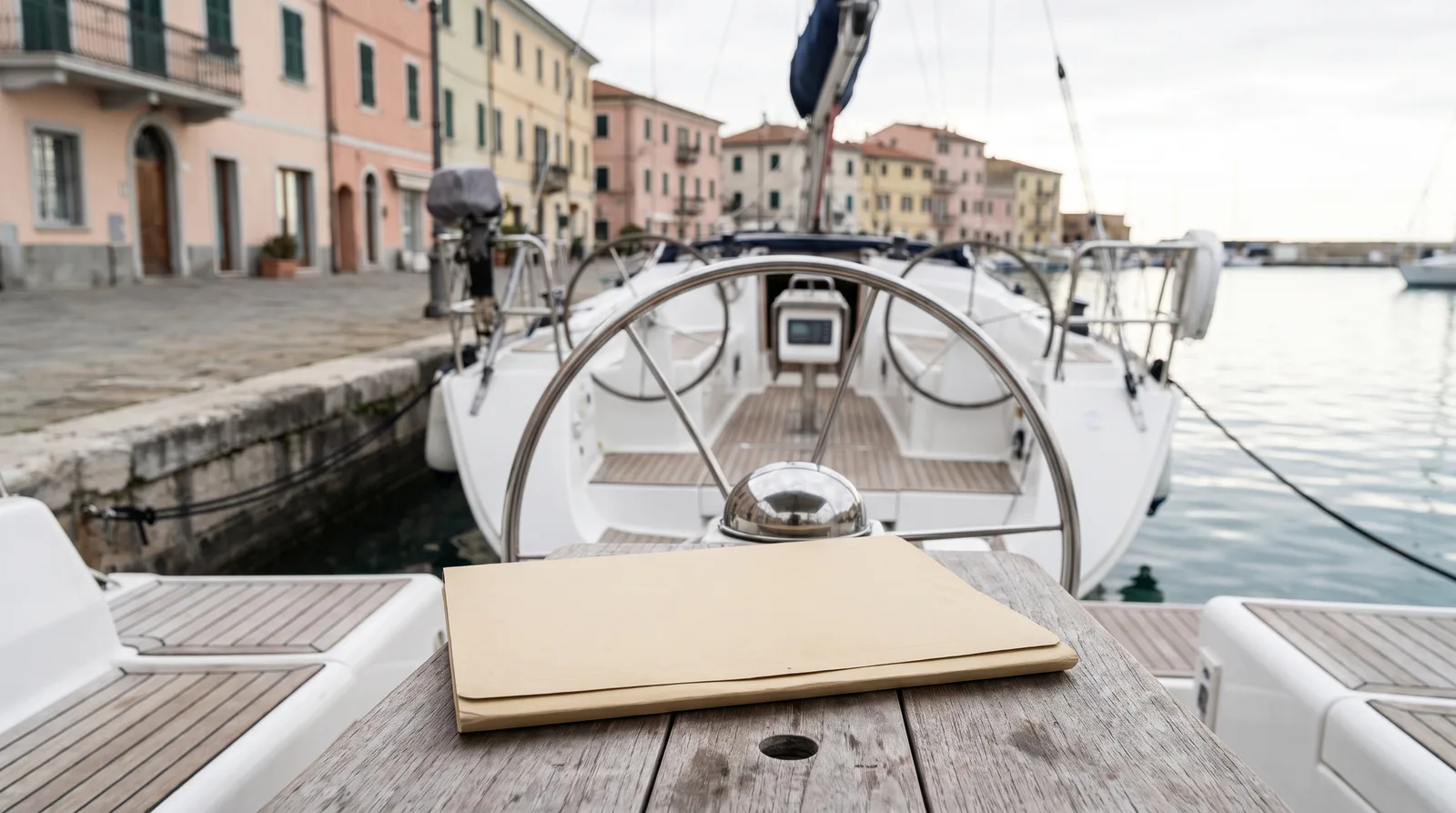 Cockpit einer Segelyacht mit Steuerrad und geschlossener Dokumentenmappe, dahinter pastellfarbene Häuser an einer italienischen Mole
