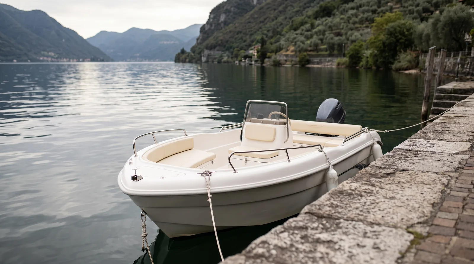 Kleines gepflegtes Mietboot mit Außenborder an einer Steinmauer eines italienischen Sees vor steilen Bergen