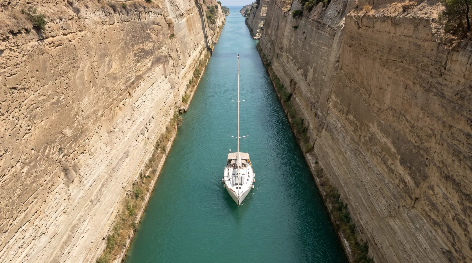 Weiße Segelyacht unter Motor in einem schnurgeraden, schmalen Kanal zwischen senkrechten hellen Sandsteinwänden, von oben gesehen