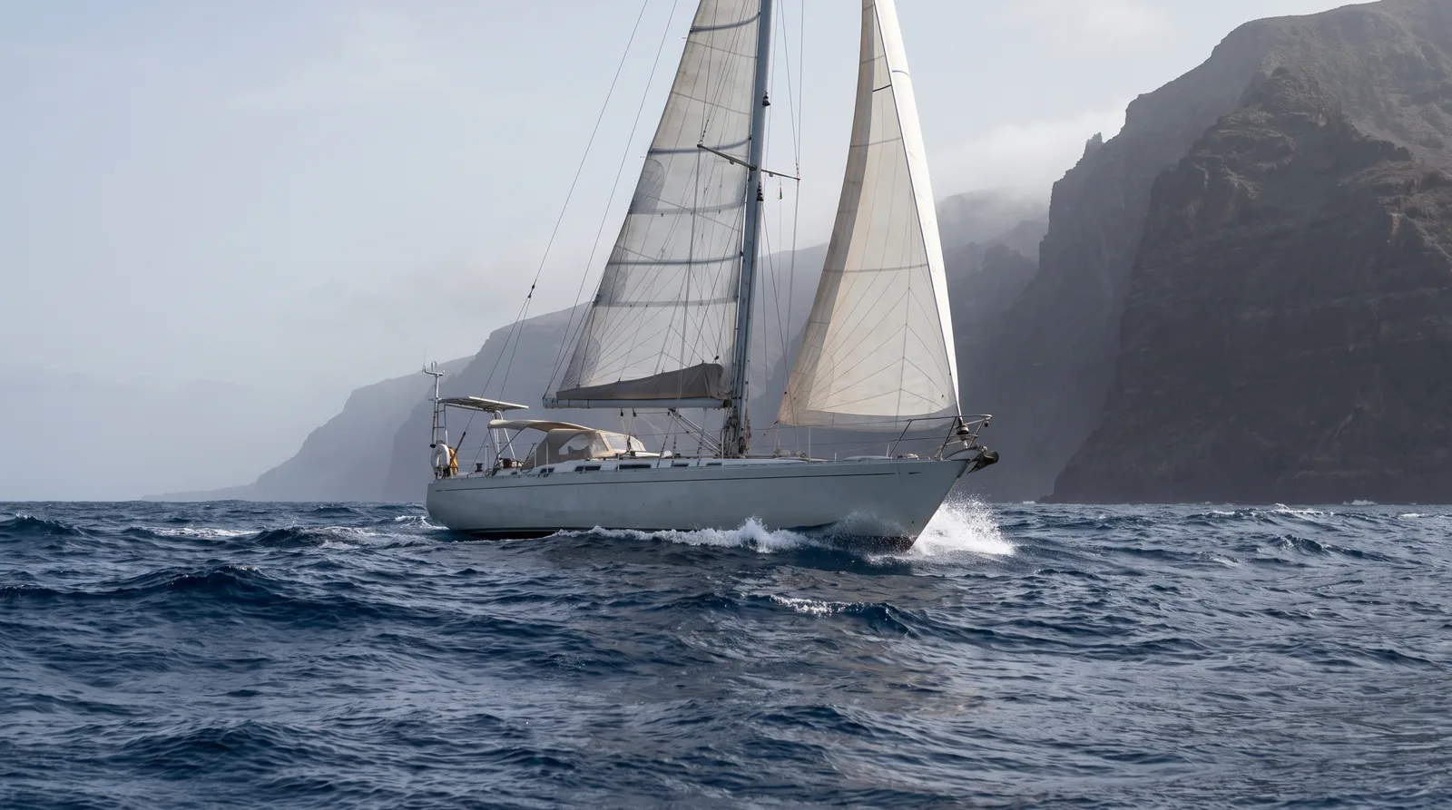 Segelyacht in tiefblauer Atlantikwelle vor dunklen Steilklippen einer Kanareninsel