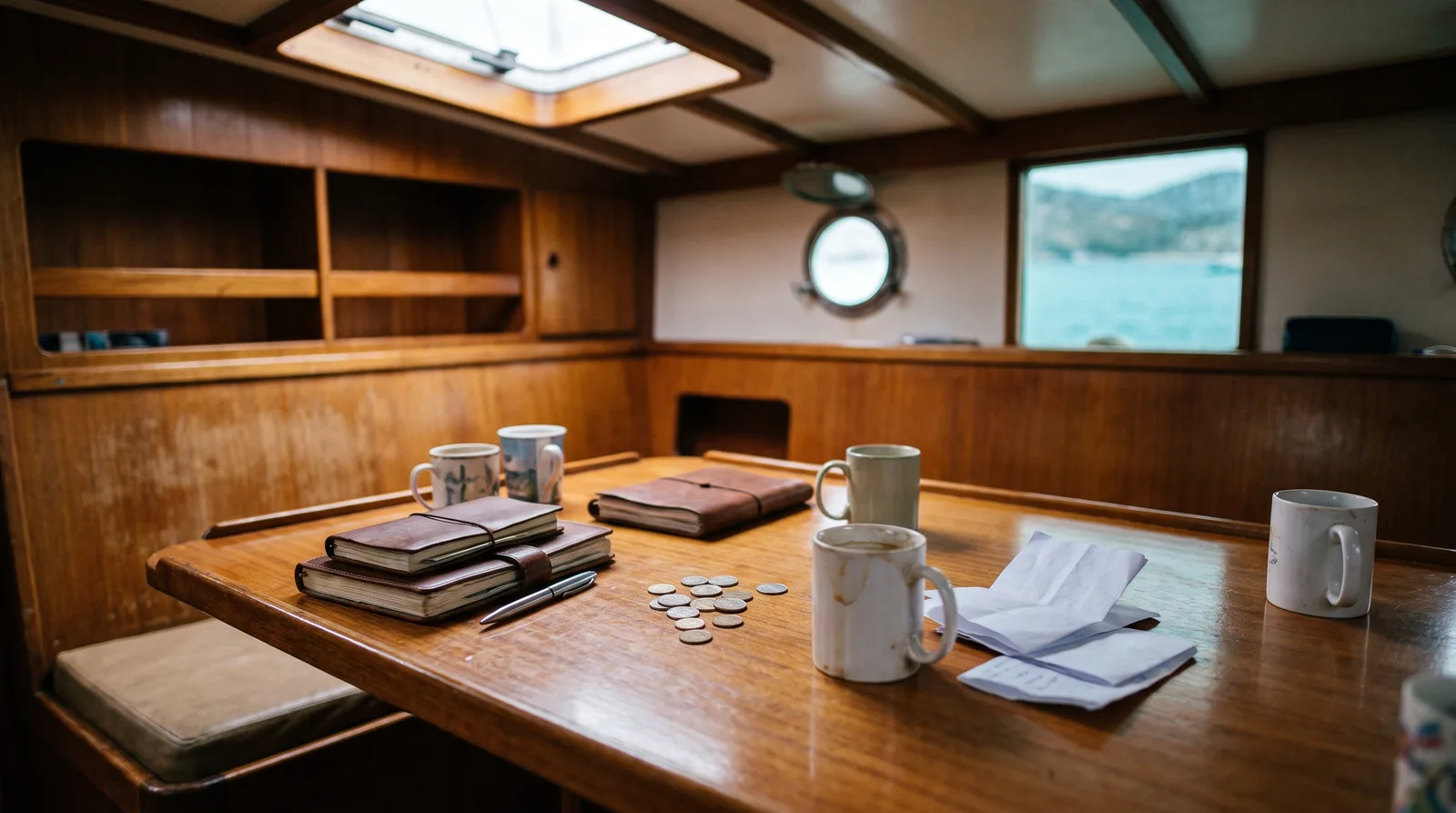 Salontisch einer Charteryacht mit Münzen, Scheinen, Notizbuch und Kaffeebechern, durch das Fenster eine ruhige Bucht