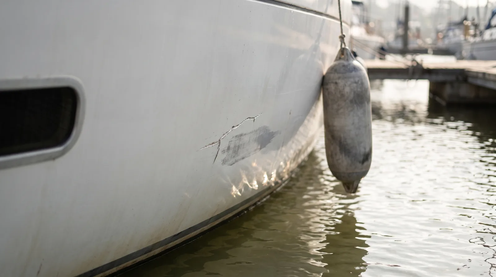 Ein kleiner Kratzer am weißen Rumpf einer Segelyacht über der Wasserlinie, daneben hängt ein Fender