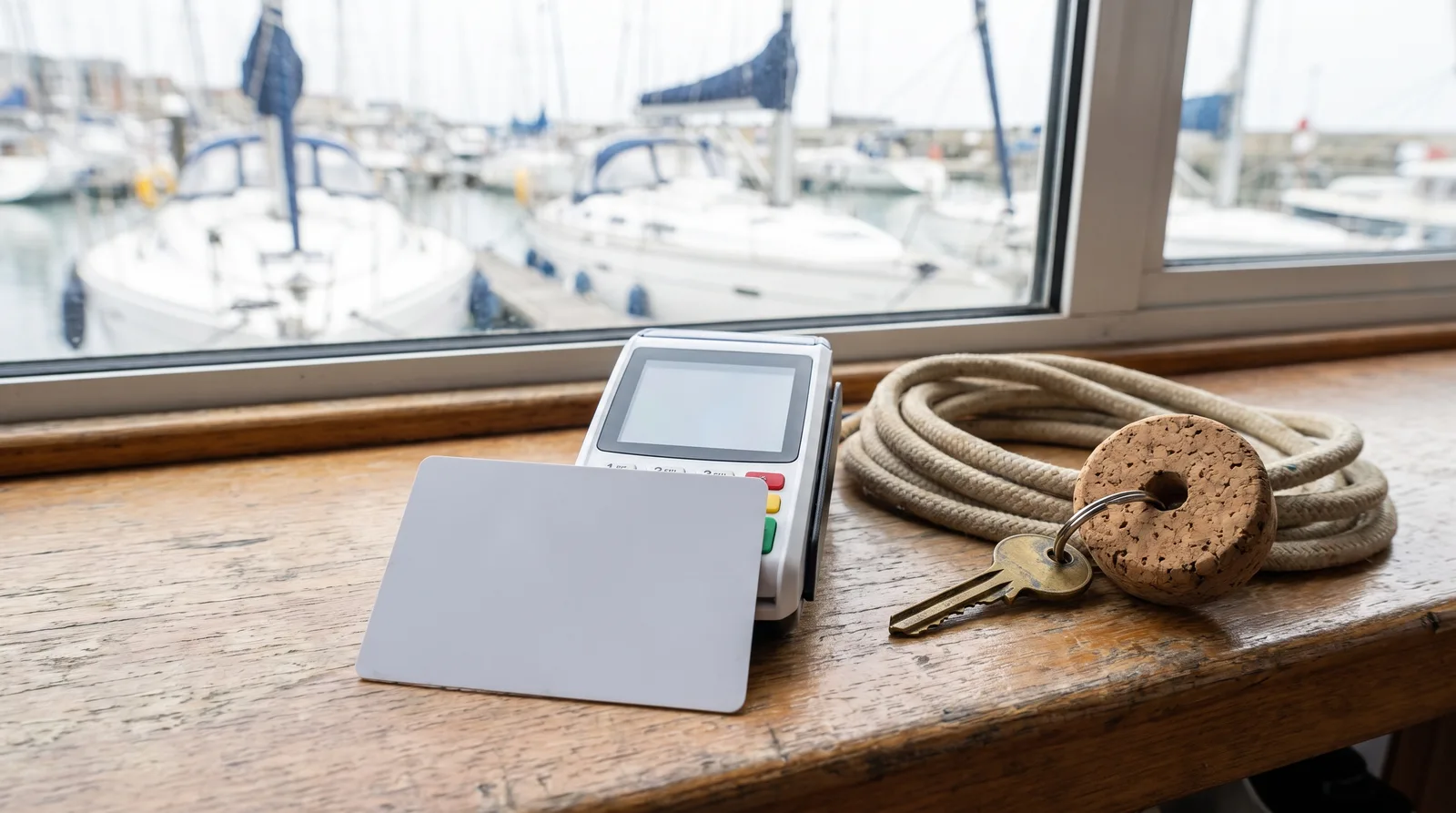 Unbedruckte Karte und Kartenterminal auf dem Holztresen eines Charterbüros, daneben ein Bootsschlüssel mit Korkschwimmer