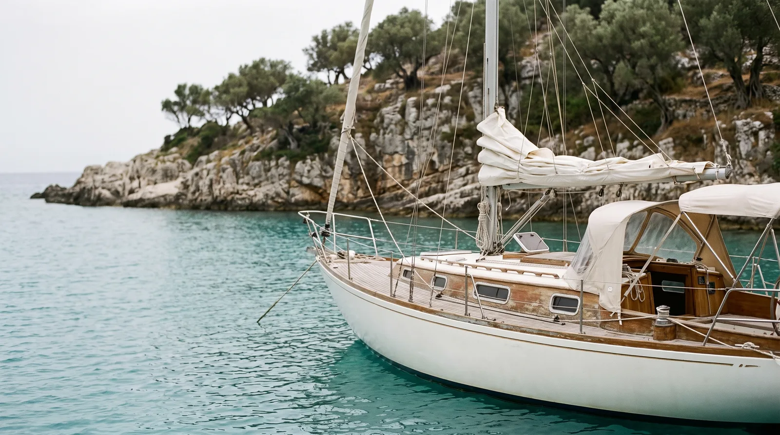 Segelyacht vor Anker in einer türkisfarbenen Bucht vor Felsen mit Olivenbäumen