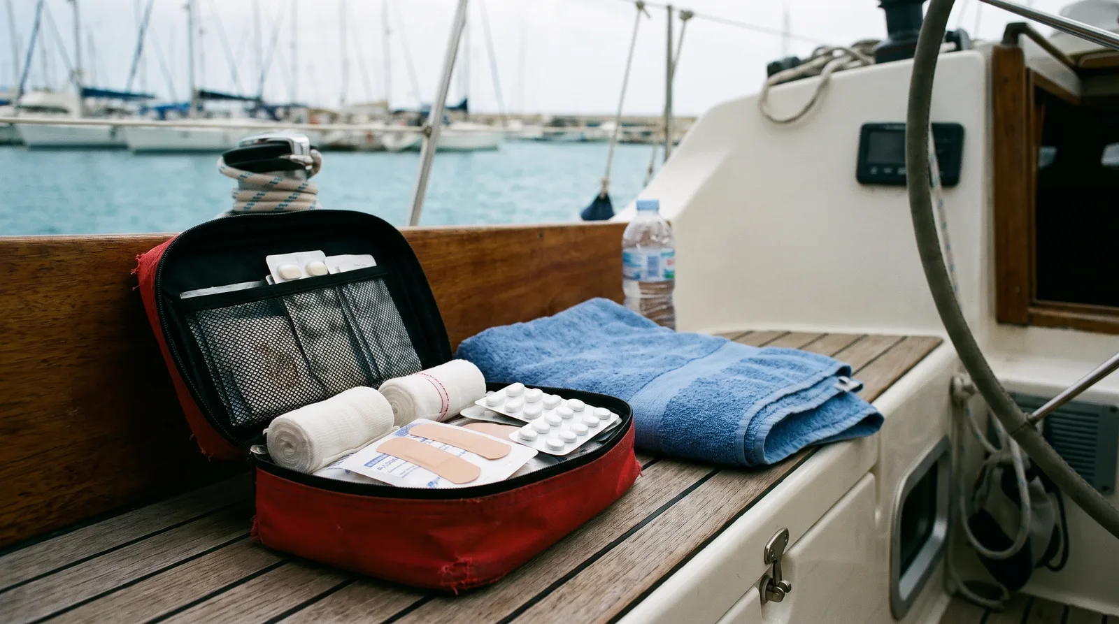 Offene rote Erste-Hilfe-Tasche mit Verbandszeug auf der Cockpitbank einer Segelyacht in einer Marina