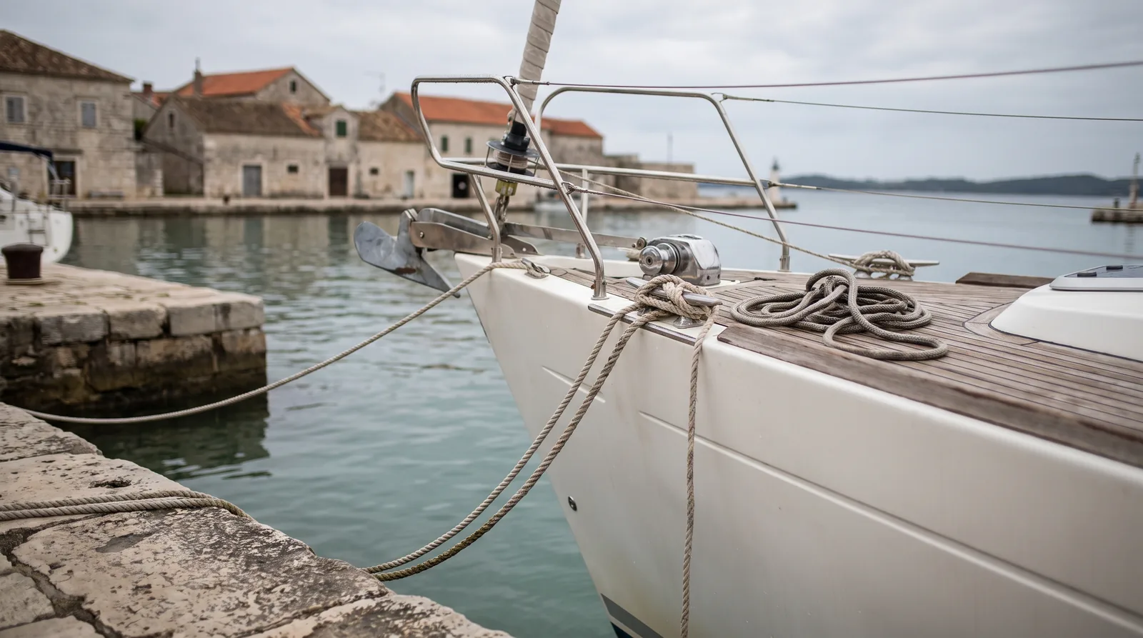 Bug einer weißen Charteryacht an einer alten Steinmole in einem kleinen adriatischen Hafen