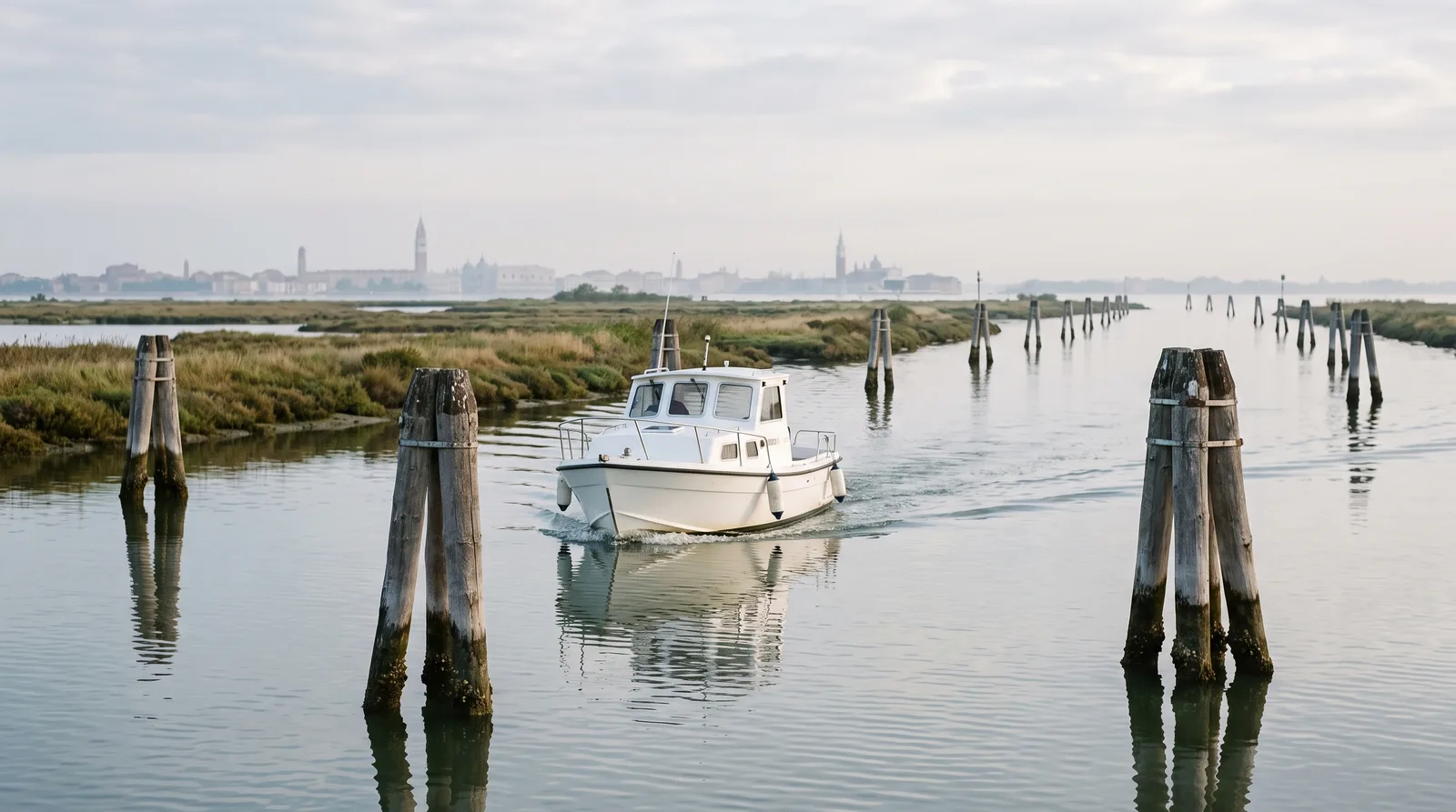 Gepflegtes kleines Motorboot fährt langsam durch einen von Holzpfählen markierten Kanal in der flachen Lagune von Venedig