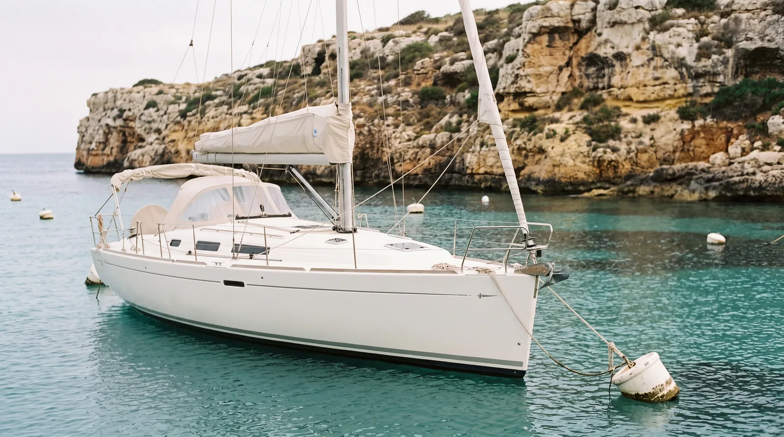 Gepflegte Charteryacht an einer Boje in einer Bucht mit hellen Kalksteinklippen und türkisem Wasser auf Malta