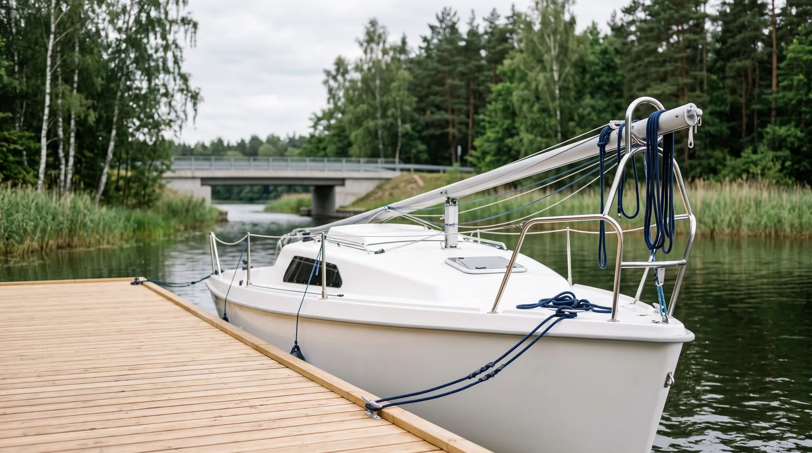 Kleine gepflegte Segelyacht mit gelegtem Mast an einem Holzsteg in Masuren, dahinter eine niedrige Straßenbrücke