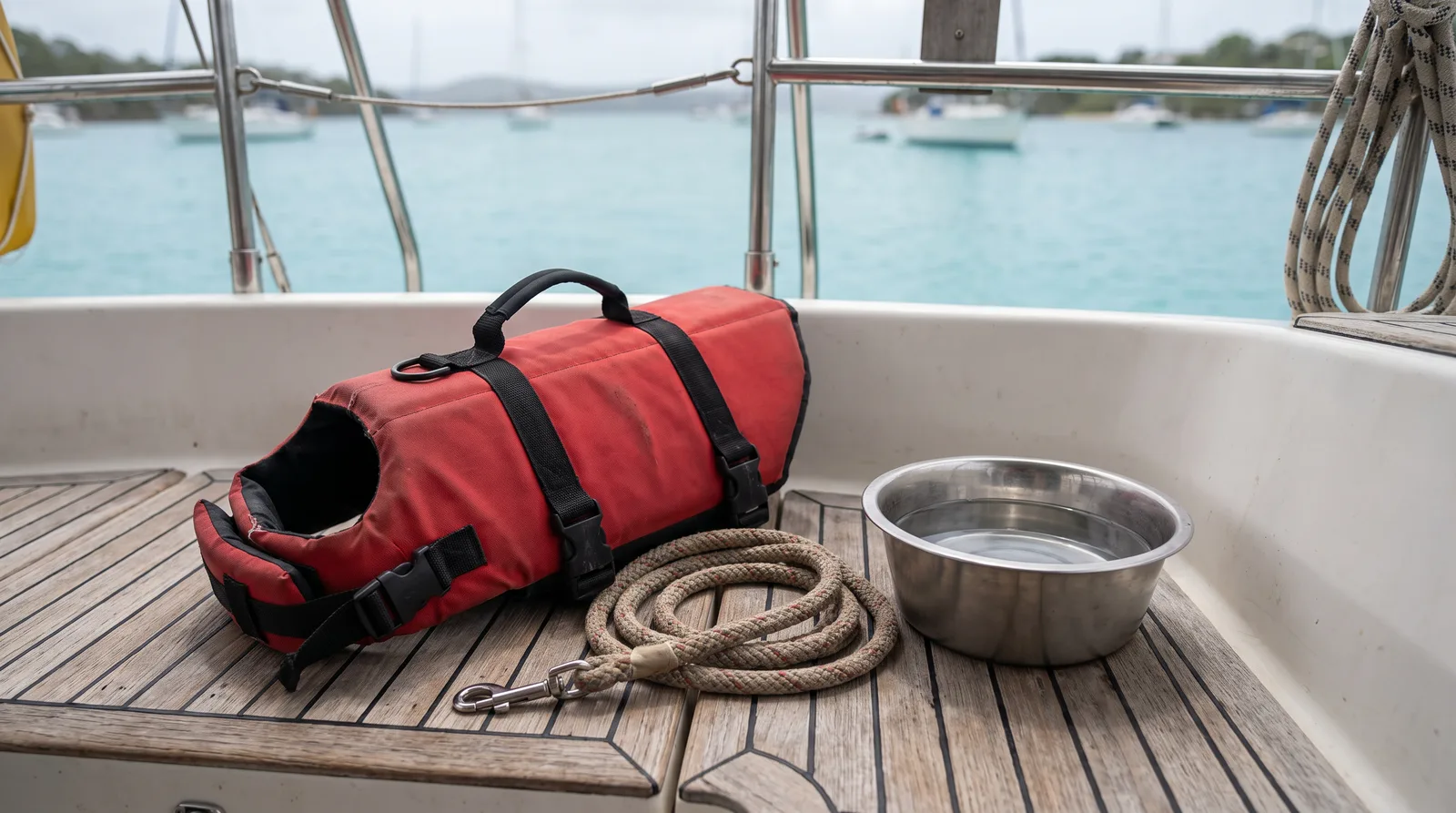 Rote Hundeschwimmweste, zusammengelegte Leine und Wassernapf aus Edelstahl auf dem Teakdeck im Cockpit einer Segelyacht