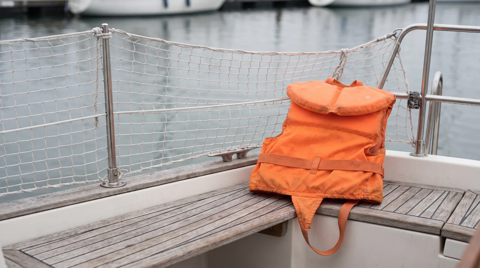 Eine kleine orange Kinderrettungsweste mit Schrittgurt auf der Cockpitbank einer Charteryacht vor einem Relingsnetz