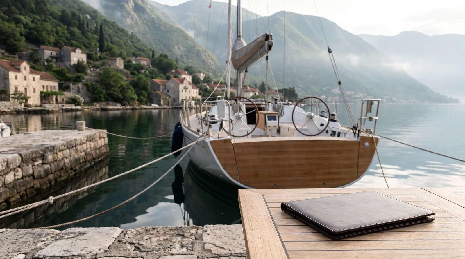 Gepflegte Segelyacht mit dem Heck an einer Steinmole in der Bucht von Kotor, dahinter steile grüne Berge und alte Steinhäuser
