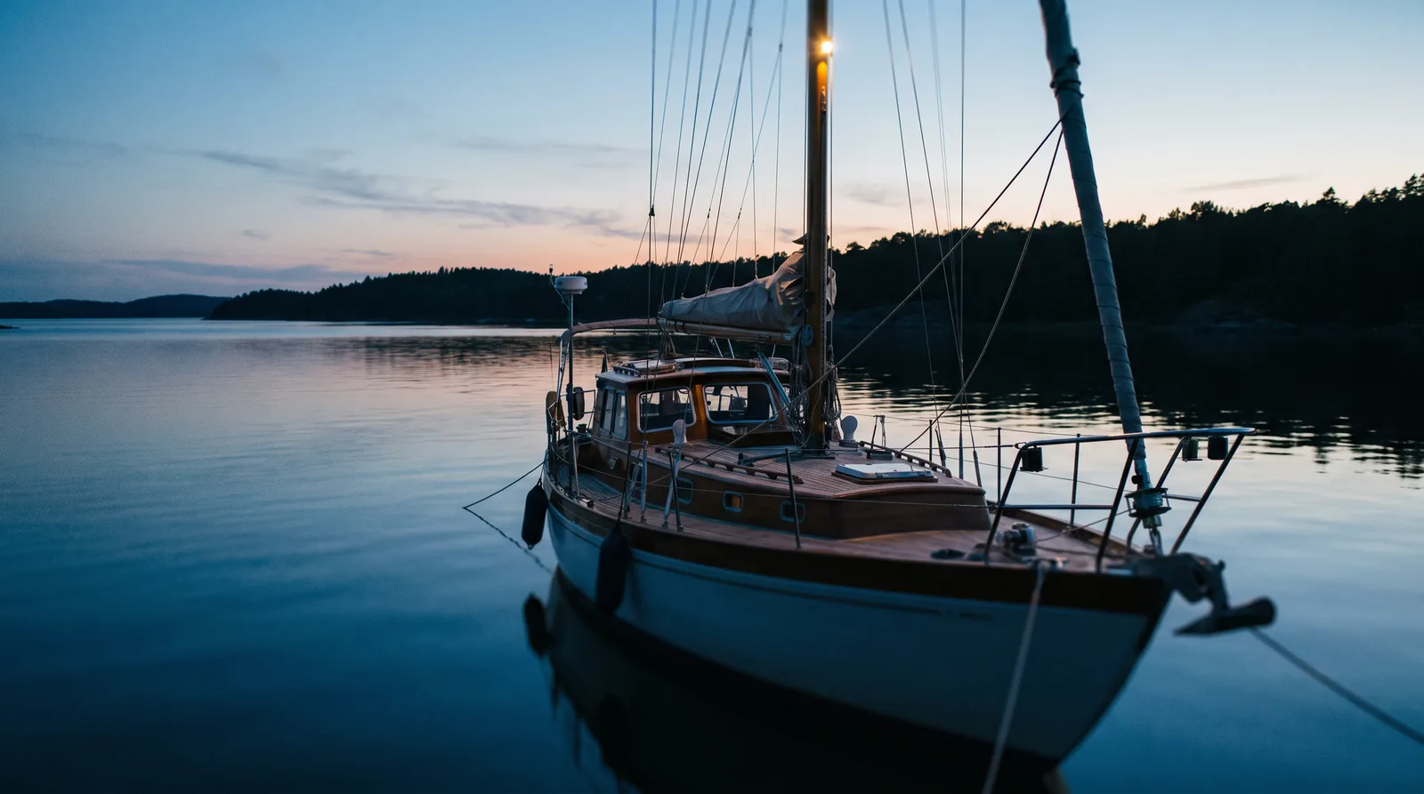 Segelyacht zur blauen Stunde vor Anker in einer stillen Bucht, Ankerlicht im Masttop