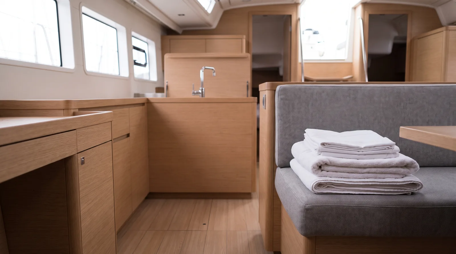 Aufgeräumter Salon einer gepflegten Charteryacht mit hellem Holz und gefalteter Bettwäsche und Handtüchern auf der Sitzbank