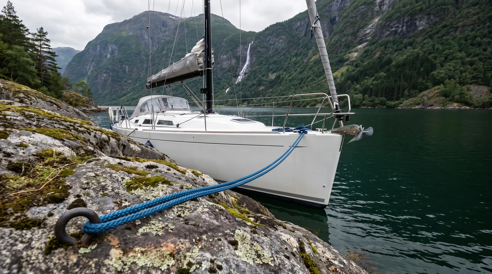 Gepflegte Segelyacht mit dem Bug am Felsufer eines norwegischen Fjords, die Festmacherleine an einem Eisenring im Fels