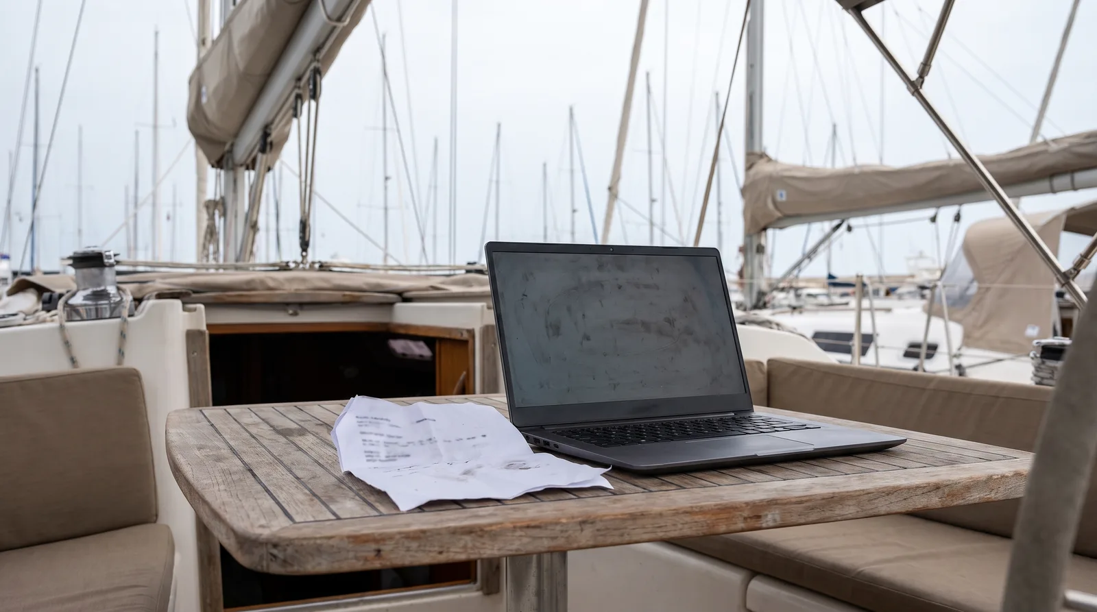 Laptop und ausgedruckte Buchungsbestätigung auf dem Cockpittisch einer Segelyacht in einer Marina am Mittelmeer