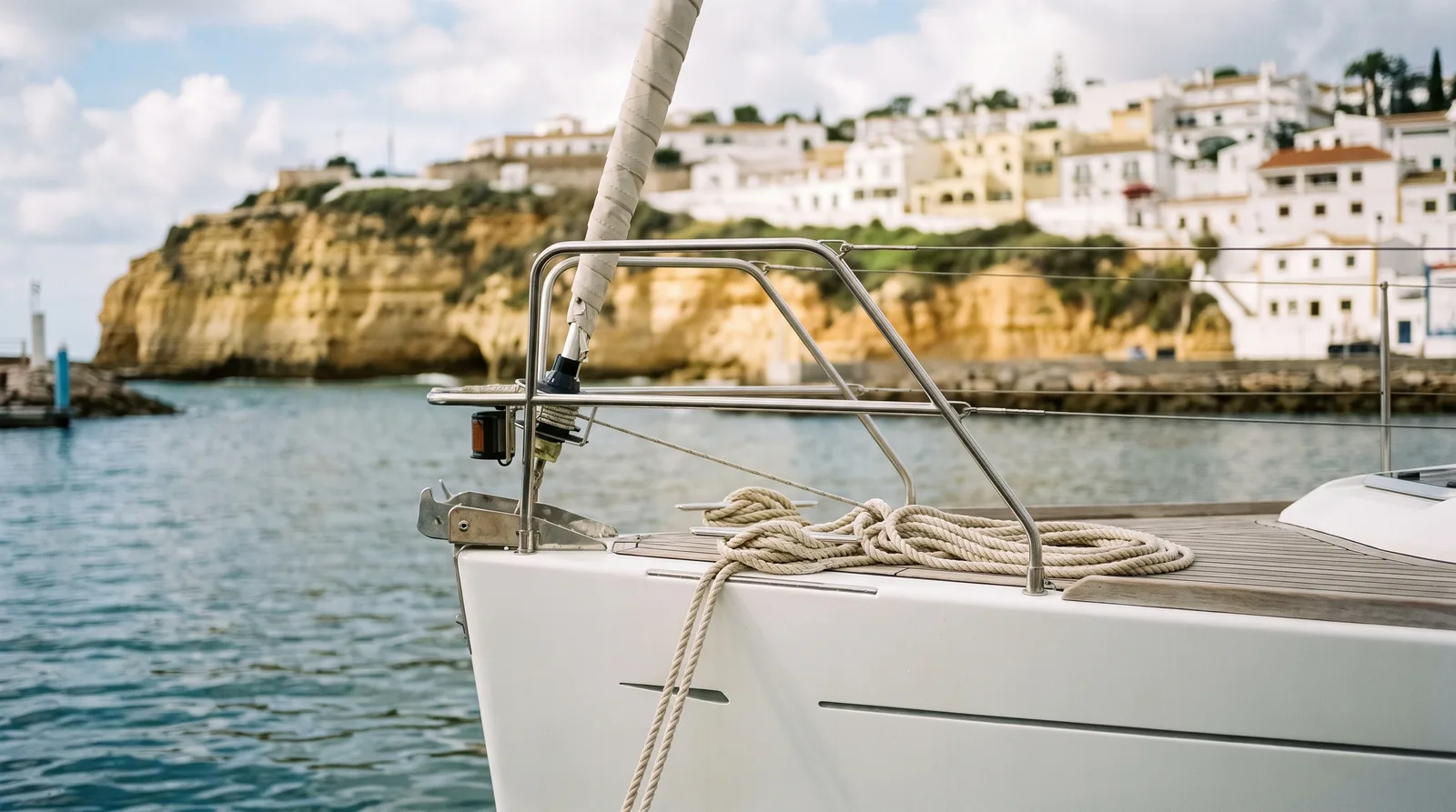 Bug einer gepflegten Segelyacht in einer Marina an der Algarve, dahinter goldene Sandsteinfelsen und weiße Häuser