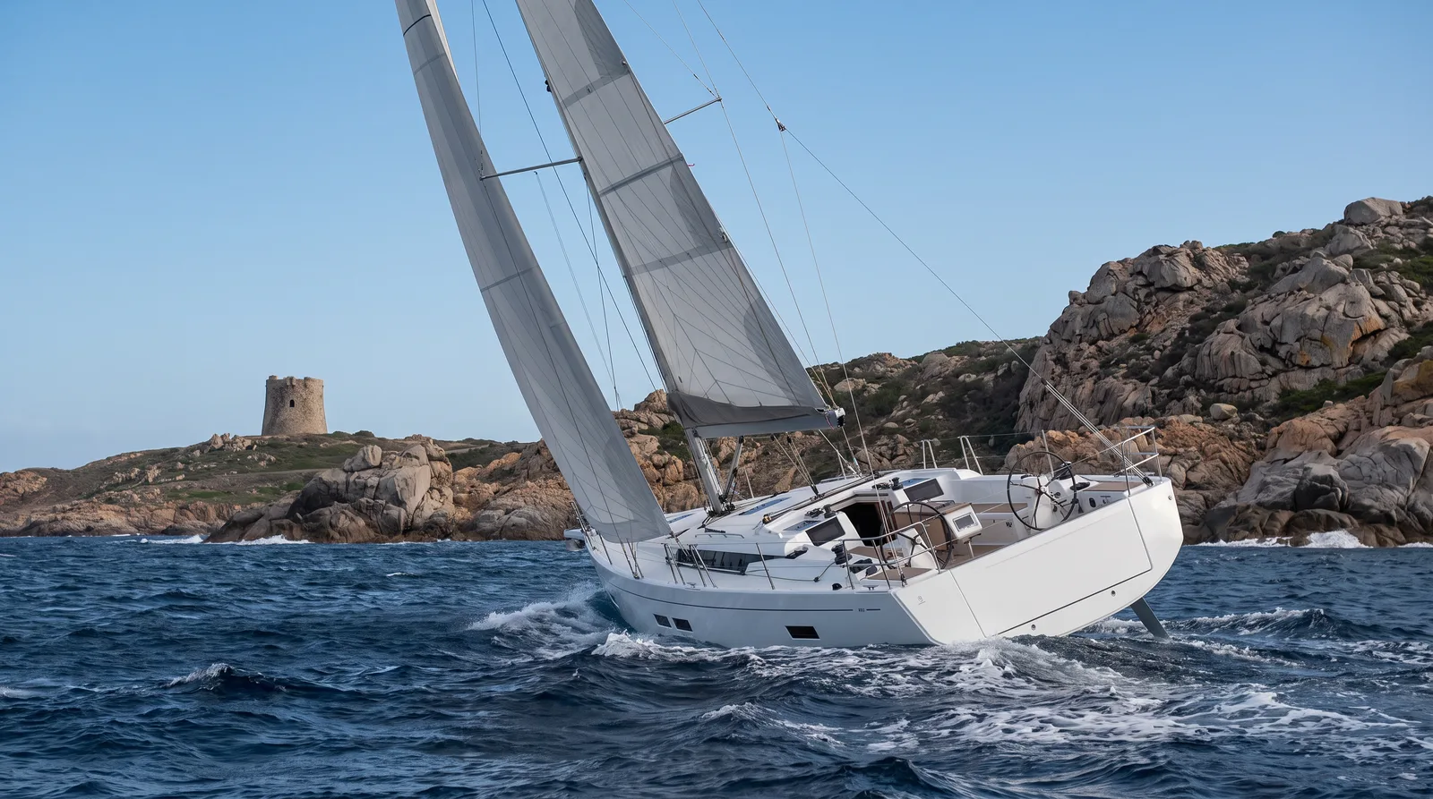 Weiße Segelyacht hart am Wind vor einer Granitküste mit altem Wachturm, dunkelblaue See mit Schaumkronen