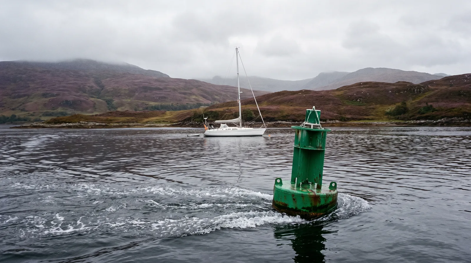 Gepflegte Segelyacht vor Anker in einem schottischen Sea Loch, der Gezeitenstrom läuft an einer grünen Fahrwassertonne vorbei