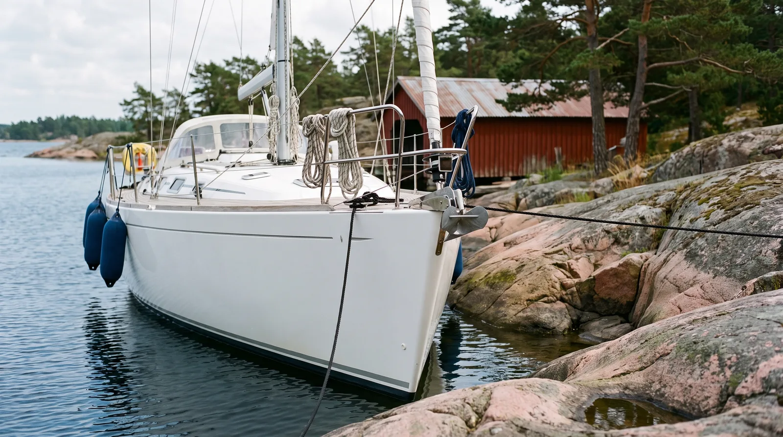 Segelyacht mit dem Bug an Granitfelsen in den schwedischen Schären, dahinter Kiefern und ein rotes Bootshaus
