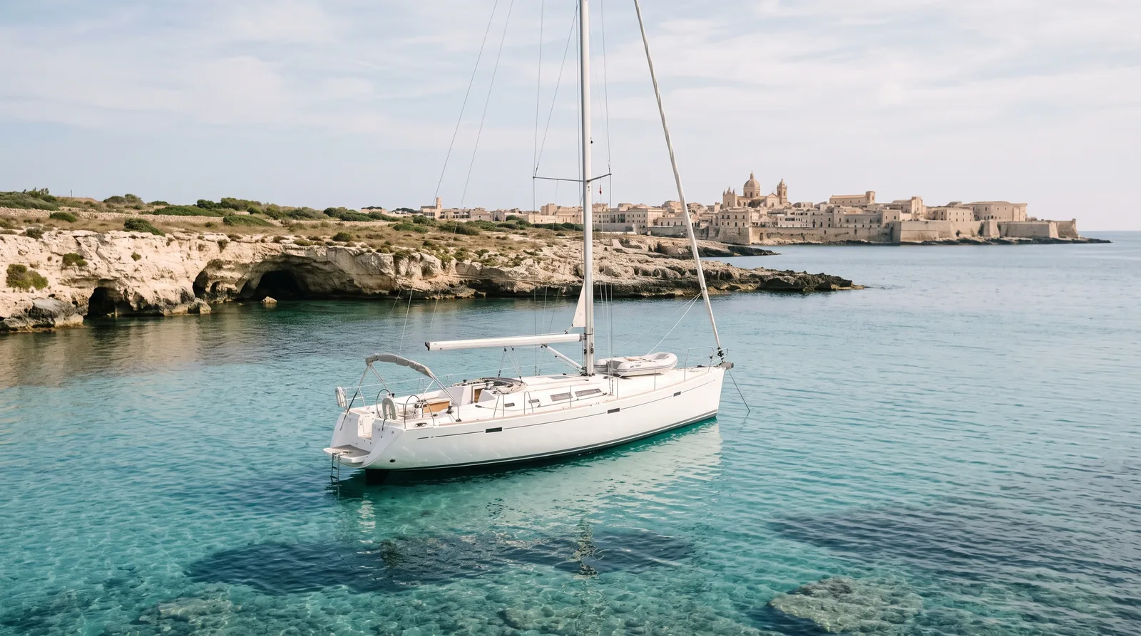 Weiße Segelyacht vor Anker in türkisem Wasser vor einer Kalkküste mit Grotten, im Hintergrund eine Altstadt mit Kirchenkuppeln