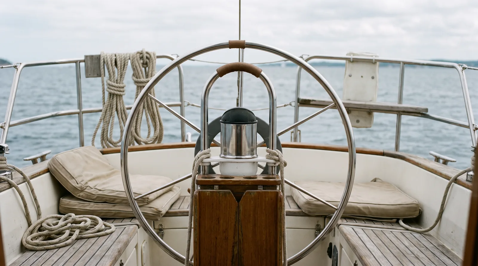 Leeres Cockpit einer Segelyacht mit Steuerrad und aufgeschossenen Leinen vor ruhigem Wasser