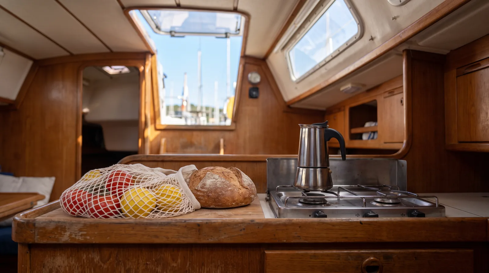 Pantry einer Segelyacht mit Brot, Paradeisern und Zitronen im Netzbeutel und einer Kaffeekanne am Herd, darüber ein offenes Luk