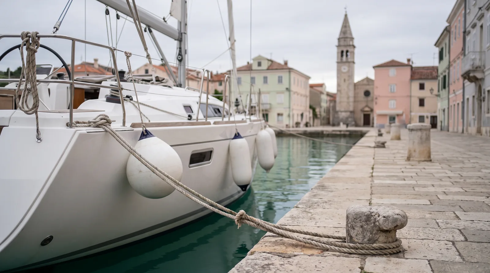 Gepflegte Segelyacht längsseits an einer steinernen Hafenmauer vor bunten Häusern und einem Kirchturm an der Adria