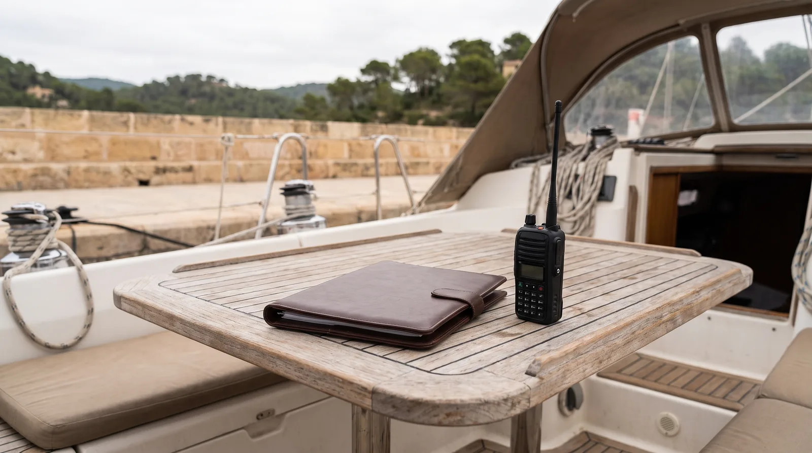 Cockpit einer Charteryacht in einer Marina auf den Balearen, am Teaktisch eine geschlossene Dokumentenmappe und ein Handfunkgerät