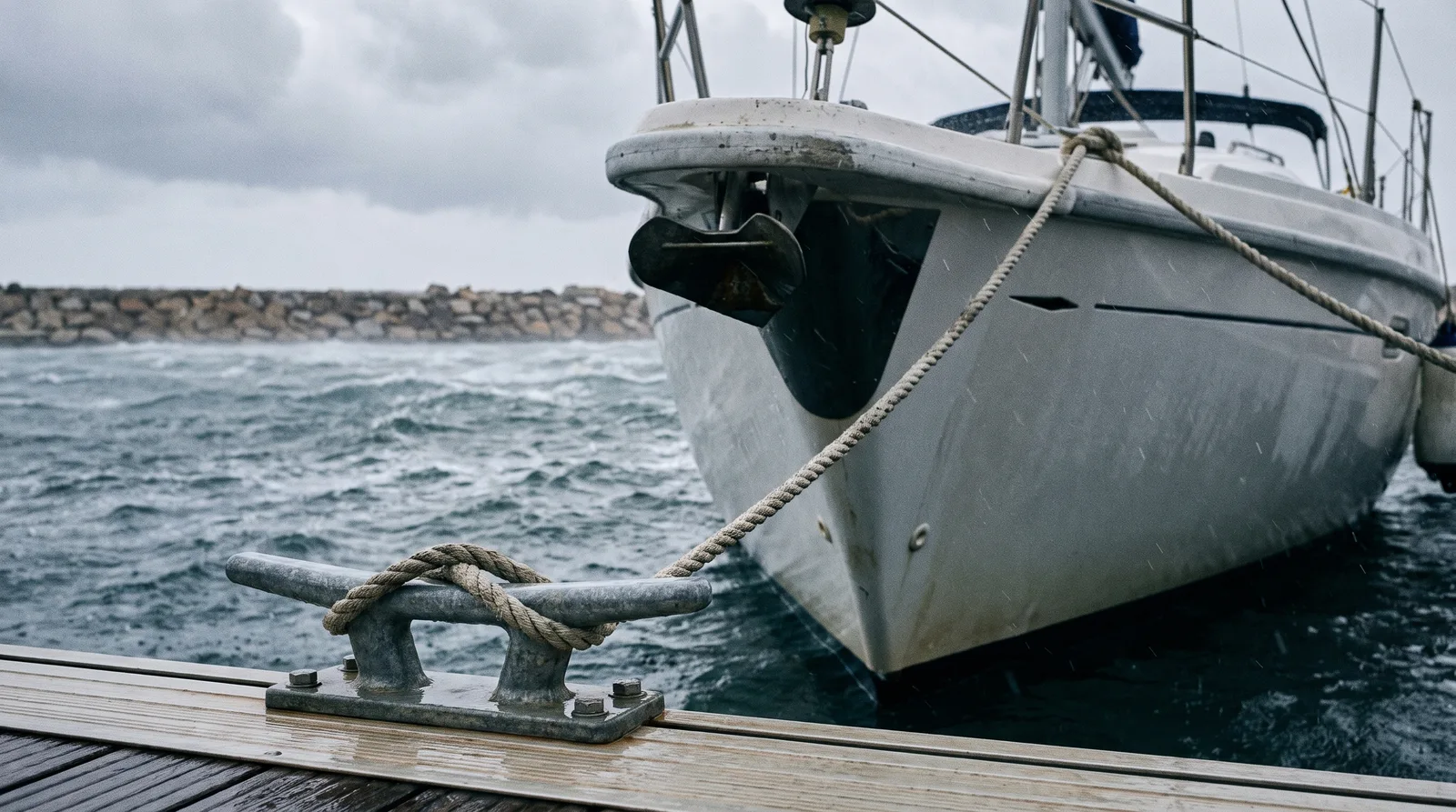 Bug einer Segelyacht am Steg mit straffer Festmacherleine über der Klampe, dahinter aufgewühltes Wasser vor der Mole