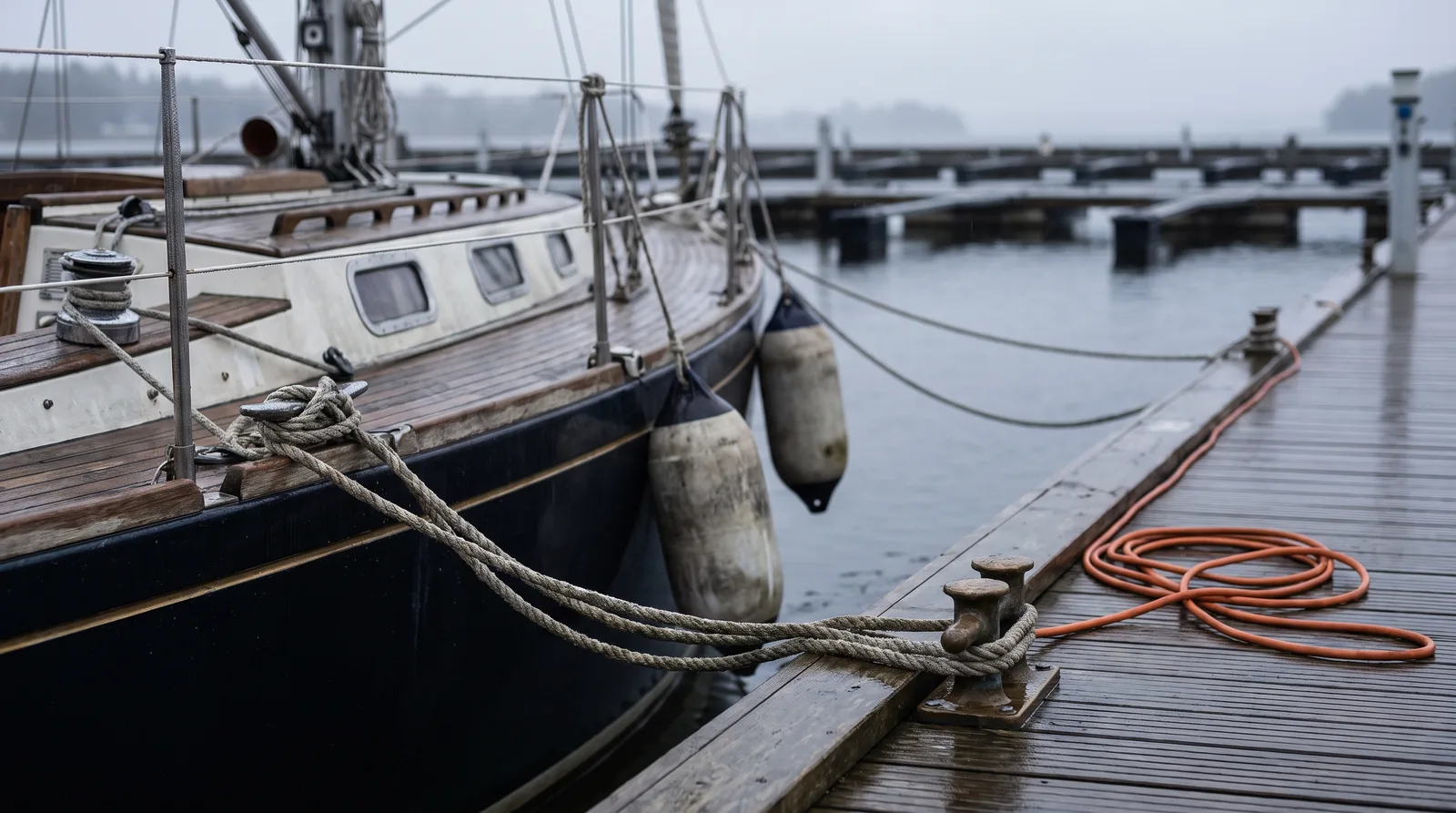 Eine leere Segelyacht an einem Steg im Nebel, die Festmacher auf einer Klampe belegt, dahinter freie Liegeplätze